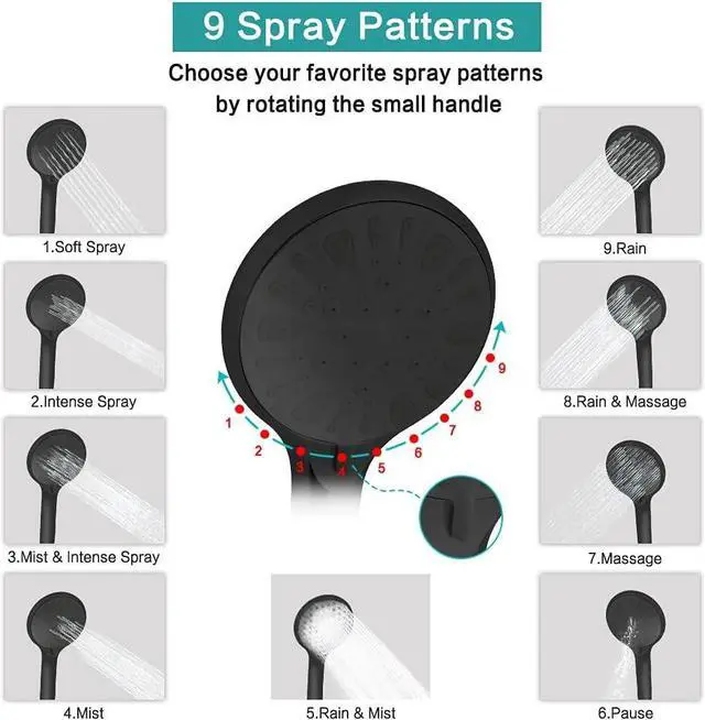 Alt view image 5 of 7 - Shower Head, 8 High Pressure Rainfall/Handheld Shower Combo with 11'' Extension Arm, 9 Settings, Anti-leak Shower Head with Holder, Height/Angle Adjustable, Chrome, Matte Black