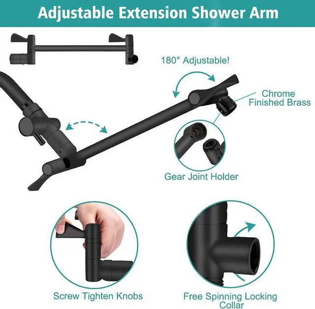 Alt view image 6 of 7 - Shower Head, 8 High Pressure Rainfall/Handheld Shower Combo with 11'' Extension Arm, 9 Settings, Anti-leak Shower Head with Holder, Height/Angle Adjustable, Chrome, Matte Black