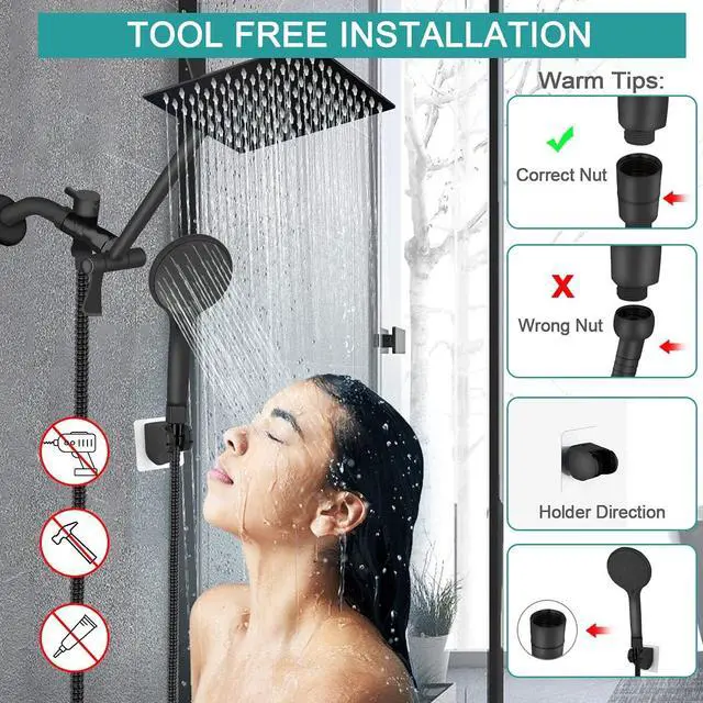 Alt view image 7 of 7 - Shower Head, 8 High Pressure Rainfall/Handheld Shower Combo with 11'' Extension Arm, 9 Settings, Anti-leak Shower Head with Holder, Height/Angle Adjustable, Chrome, Matte Black