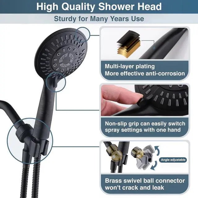 Alt view image 6 of 7 - BRIGHT SHOWERS 9 Spray Settings Shower Head with Handheld High Pressure Oil-Rubbed Bronze Hand Held Showerhead with 60 Inch Stainless Steel Hose and Adjustable Overhead Bracket