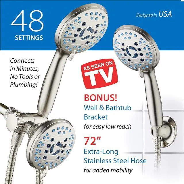 Alt view image 6 of 7 - Hotel Spa AquaCare As-Seen-On-TV High Pressure 48-setting Rain & Handheld 3-way Shower Head Combo - Anti-clog Nozzles/Tub, Tile & Pet Power Wash/Extra Long 6 ft. Hose/All Chrome Finish