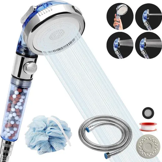 Alt view image 3 of 7 - High Pressure Shower Head with Hose, REHAVE Water Saving RV Handheld Shower Head, Shower Sprayer, 3 Mode, Handheld Spray Showerheads for Dry Skin Hair Loss, Purifying Filtration Mineral Stone Beads