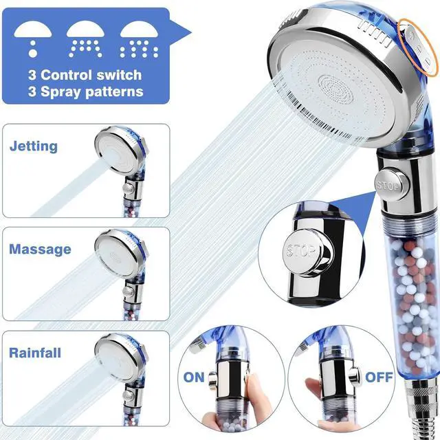 Alt view image 4 of 7 - High Pressure Shower Head with Hose, REHAVE Water Saving RV Handheld Shower Head, Shower Sprayer, 3 Mode, Handheld Spray Showerheads for Dry Skin Hair Loss, Purifying Filtration Mineral Stone Beads