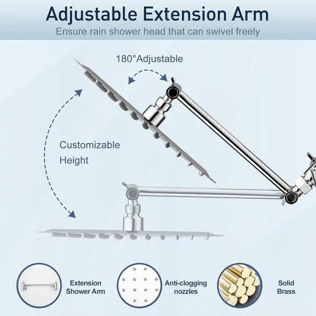 Alt view image 4 of 7 - 10 Inch (All Metal) Rain Shower Head With Handheld, High Pressure Dual Shower Head Combo With Adjustable Extension Arm, 60" Flexible Hose, 3-Way Diverter - Height/Angle Adjustable(Chrome)