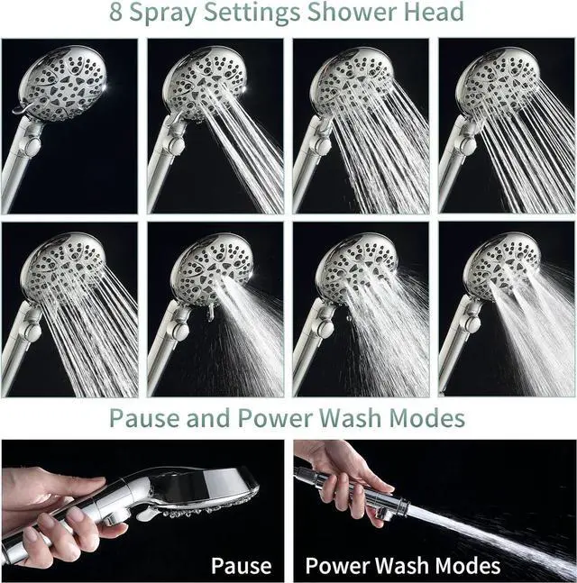 Alt view image 3 of 6 - Handheld Shower Heads with ON/OFF Switch,Extra Long 79-inch Hose 8 Spray Settings High Pressure Detachable Showerhead,Built-in Power Sprayer to Clean Pets, Adjustable Angle Bracket,Silver