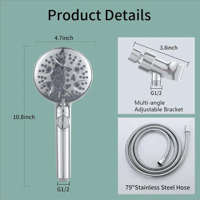 Alt view image 2 of 6 - Handheld Shower Heads with ON/OFF Switch,Extra Long 79-inch Hose 8 Spray Settings High Pressure Detachable Showerhead,Built-in Power Sprayer to Clean Pets, Adjustable Angle Bracket,Silver