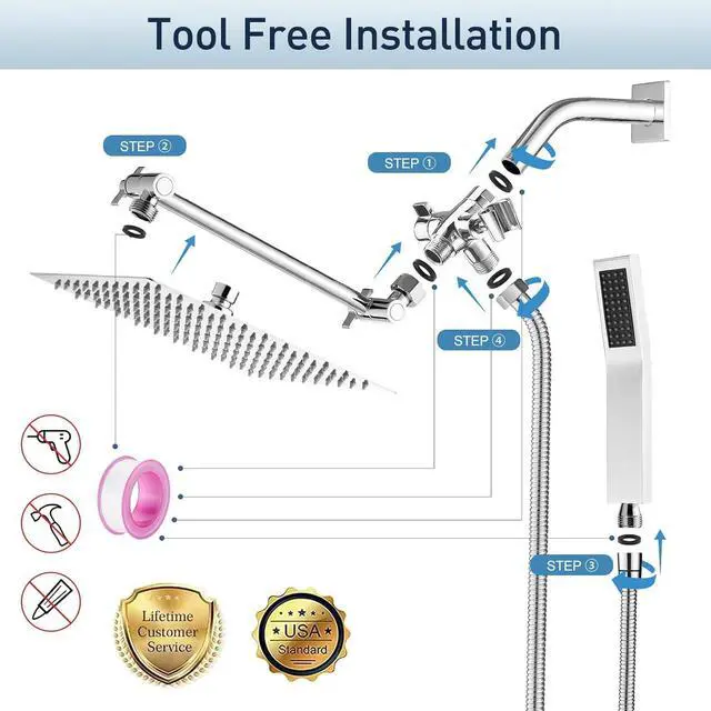 Alt view image 2 of 7 - 10 Inch (All Metal) Rain Shower Head With Handheld, High Pressure Dual Shower Head Combo With Adjustable Extension Arm, 60" Flexible Hose, 3-Way Diverter - Height/Angle Adjustable(Chrome)