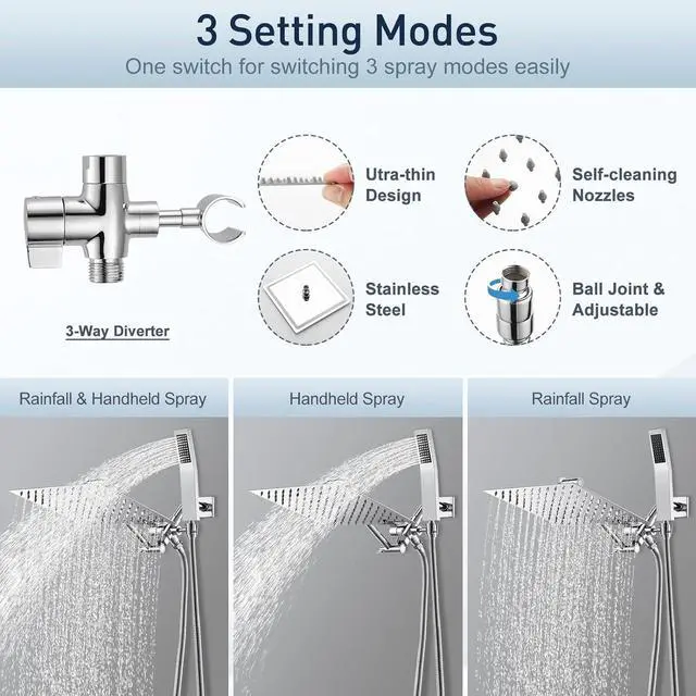 Alt view image 5 of 7 - 10 Inch (All Metal) Rain Shower Head With Handheld, High Pressure Dual Shower Head Combo With Adjustable Extension Arm, 60" Flexible Hose, 3-Way Diverter - Height/Angle Adjustable(Chrome)