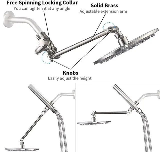 Alt view image 3 of 6 - G-Promise All Metal Dual Shower Head Combo, 8 Inch Rainfall Shower Head, Handheld Spray Wand, Smooth 3-Way Diverter, with Adjustable Extension Arm, 71 Inches Long Hose (Brushed Nickel)