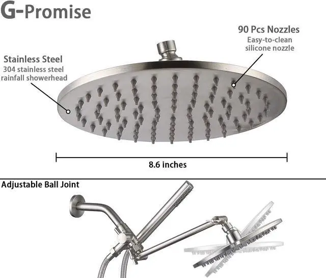 Alt view image 4 of 6 - G-Promise All Metal Dual Shower Head Combo, 8 Inch Rainfall Shower Head, Handheld Spray Wand, Smooth 3-Way Diverter, with Adjustable Extension Arm, 71 Inches Long Hose (Brushed Nickel)