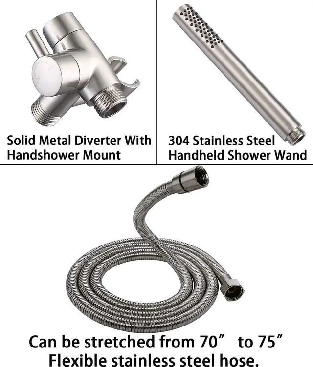 Alt view image 5 of 6 - G-Promise All Metal Dual Shower Head Combo, 8 Inch Rainfall Shower Head, Handheld Spray Wand, Smooth 3-Way Diverter, with Adjustable Extension Arm, 71 Inches Long Hose (Brushed Nickel)