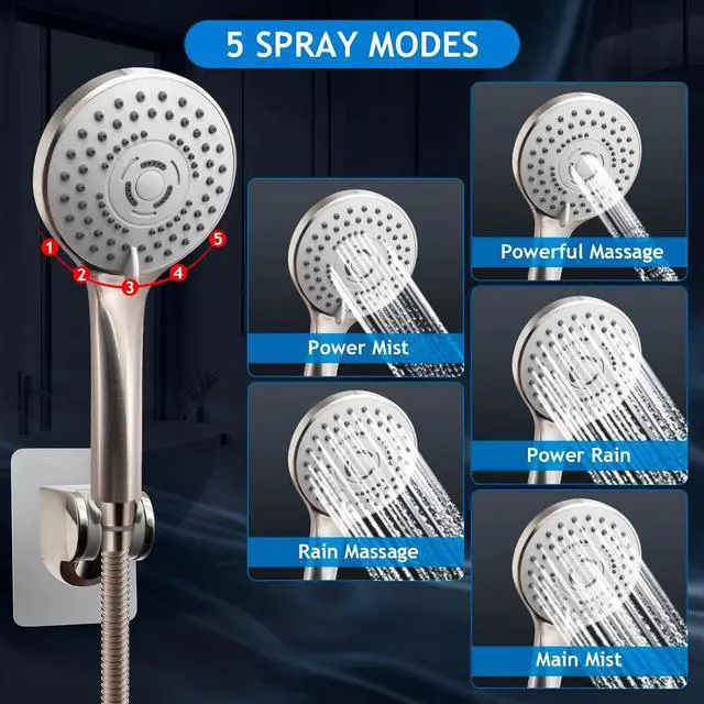 Alt view image 3 of 7 - Shower Head Combo(Brushed Nickel),10'' High Pressure Rain Shower Head with 11'' Adjustable Extension Arm and 5 Settings Handheld,Powerful Shower Spray Against Low Pressure Water
