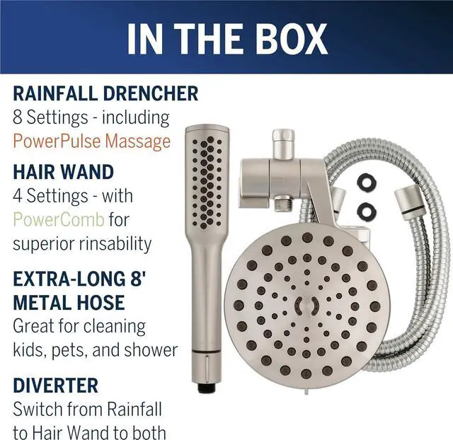 Alt view image 4 of 6 - Waterpik High Pressure Pulsating Shower Wand and Rain Shower Head Combo with Extra-Long 8-Foot Metal Hose, HairWand Pulse Spa System 12 Spray Modes for Hair and Body, Brushed Nickel