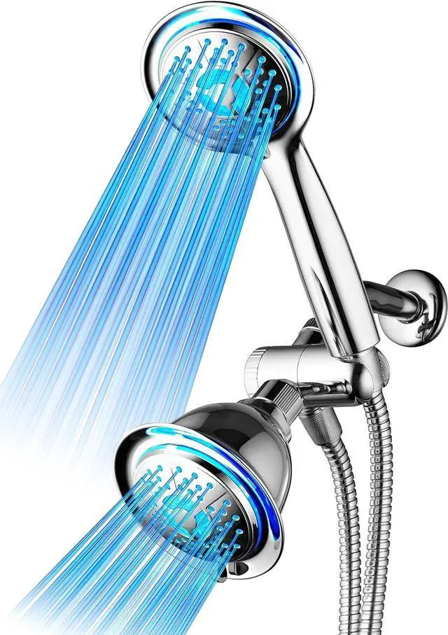 Main image of Dream Spa All Chrome 3-way LED Shower Head Combo with Air Jet LED Turbo Pressure-Boost Nozzle Technology. Color of LED lights changes automatically according to water temperature