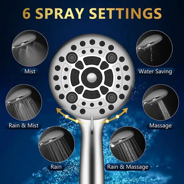 Alt view image 2 of 7 - 6 Spray Modes High Pressure Handheld Showerhead Set Upgraded 5 Inches Shower Head with Handheld Spray Premium Chrome Handheld Shower Head 60 Inches Stainless Steel Hose-1-Min Install