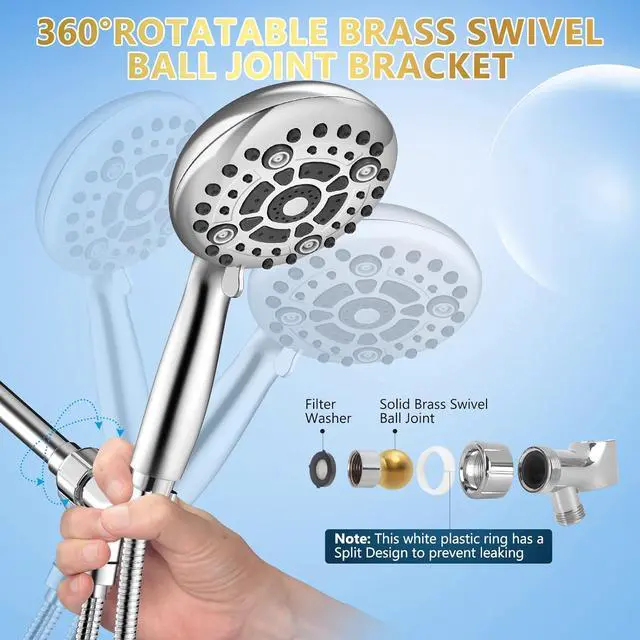 Alt view image 6 of 7 - 6 Spray Modes High Pressure Handheld Showerhead Set Upgraded 5 Inches Shower Head with Handheld Spray Premium Chrome Handheld Shower Head 60 Inches Stainless Steel Hose-1-Min Install