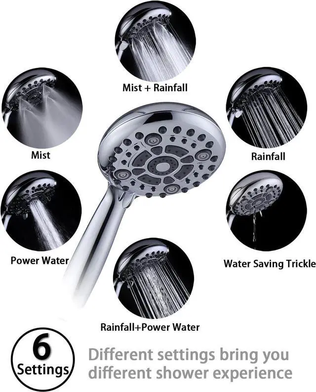 Alt view image 4 of 6 - G-Promise Handheld Shower Head High Pressure 6 Spray Settings, Detachable Hand Held Showerhead 4.9 Inch Face with Extra Long Flexible Hose and Metal Adjustable Bracket