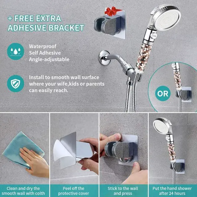 Alt view image 4 of 7 - MIAOHUI Zenbody Shower Head with Filter Beads, 3 Modes Shower Envy Showerhead with On Off Switch, Handheld Eco Water Spa Shower Head with Hose, Adjustable Bracket, Self-adhesive Holder
