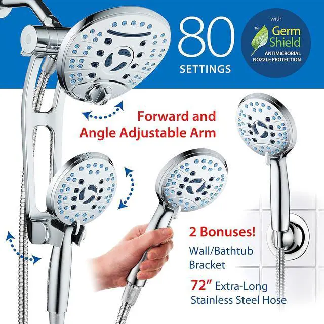 Alt view image 6 of 7 - Hotel Spa AquaCare As-Seen-On-TV High Pressure Handheld/Rain 80-mode 3-way Shower Head Combo with Adjustable Arm - Anti-clog Nozzles, Tub & Pet Power Wash, 6 ft. Hose, All Chrome Finish