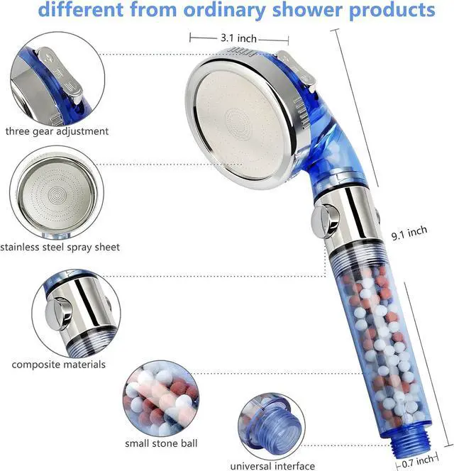 Alt view image 4 of 7 - REHAVE Jetting Shower Head, Modern Style, 3 Mode Shower Sprayer, High Pressure, Polished Finish, ABS Material, Mineral Stone Beads, 1 Spray Setting, 1.5" Diameter