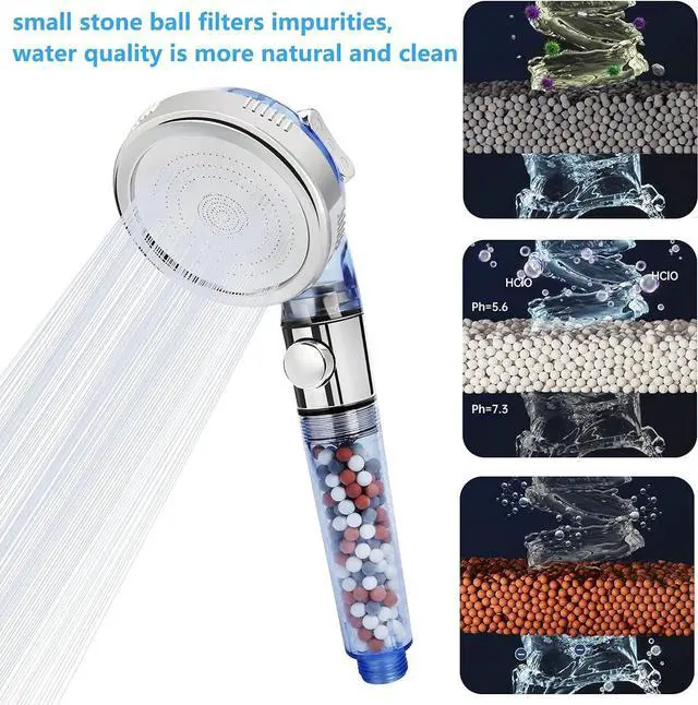 Alt view image 6 of 7 - REHAVE Jetting Shower Head, Modern Style, 3 Mode Shower Sprayer, High Pressure, Polished Finish, ABS Material, Mineral Stone Beads, 1 Spray Setting, 1.5" Diameter