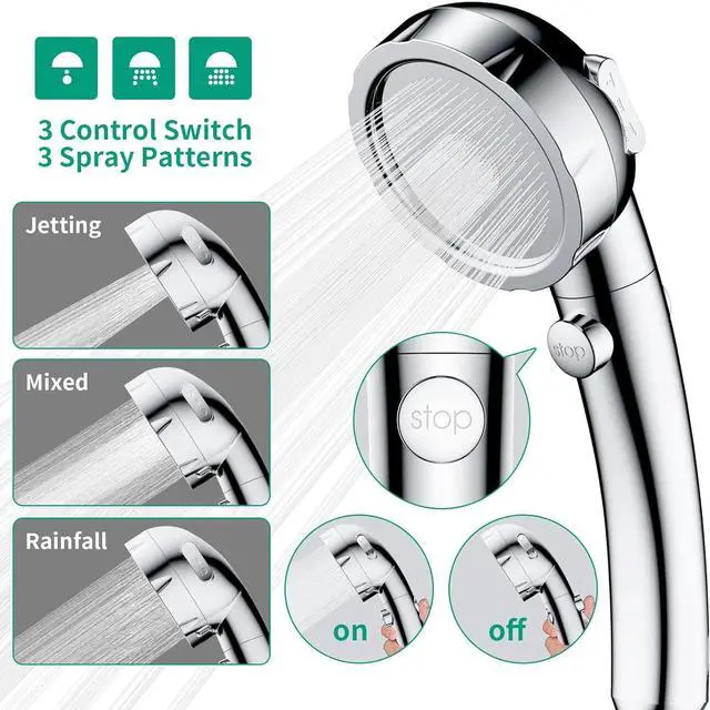 Alt view image 3 of 7 - High Pressure Shower Head with Handheld, On Off Shower for RV with Stop Button and 3 Modes, Detachable Water Saving Shower Head with Hose and Self-Adhesive Bracket (Chrome)