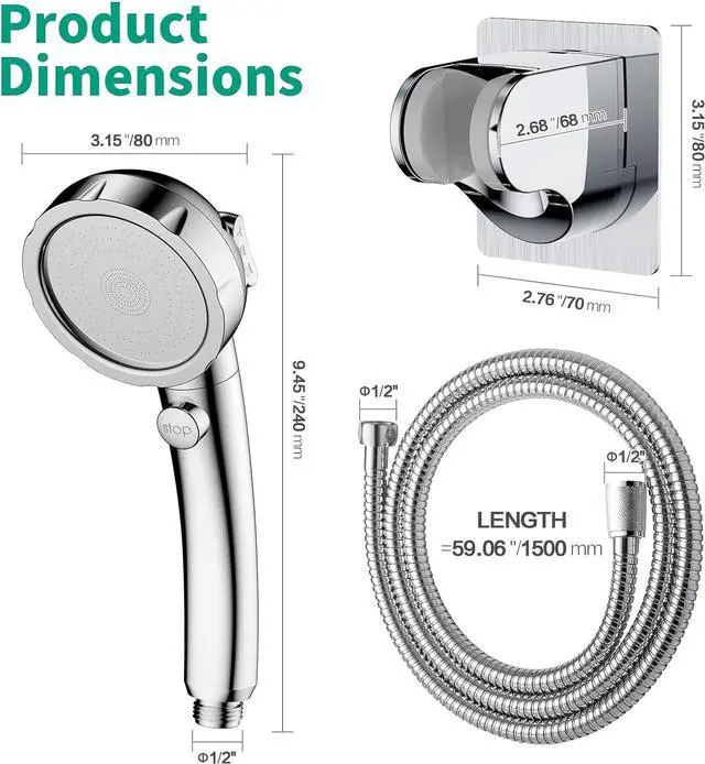 Alt view image 2 of 7 - High Pressure Shower Head with Handheld, On Off Shower for RV with Stop Button and 3 Modes, Detachable Water Saving Shower Head with Hose and Self-Adhesive Bracket (Chrome)