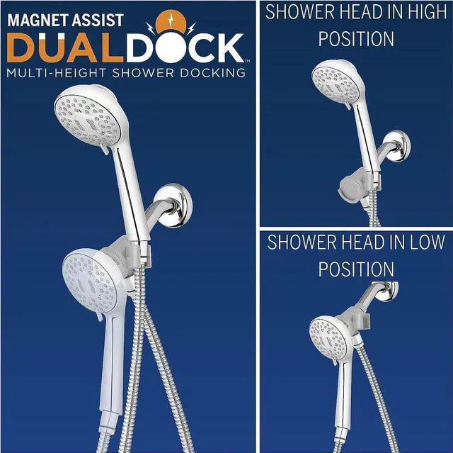 Alt view image 2 of 7 - Waterpik Magnetic Dual Dock Adjustable Height Hand Held Shower Head With 5-Foot Metal Hose and PowerPulse Shower Massage, Chrome QMK-753ME