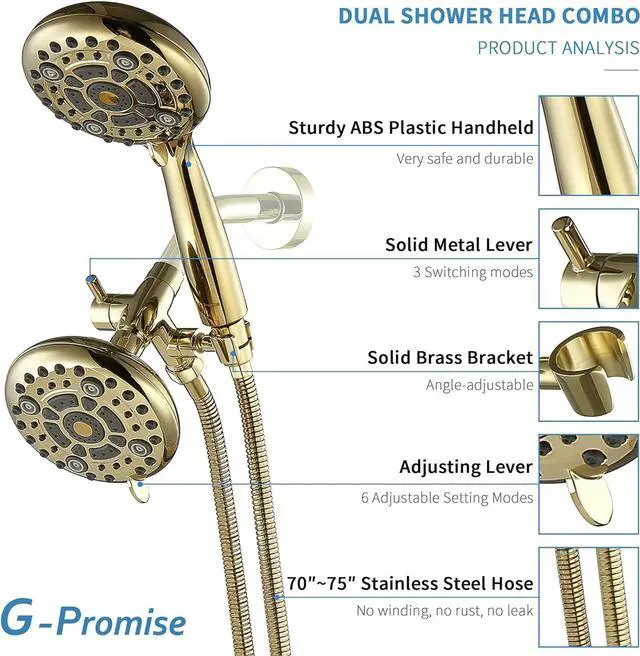 Alt view image 2 of 7 - G-Promise High Pressure Dual Shower Head Combo, 72 Inches Flexible Stainless Steel Hose, 3-Way Solid Brass Diverter Bracket (Polished Brass)
