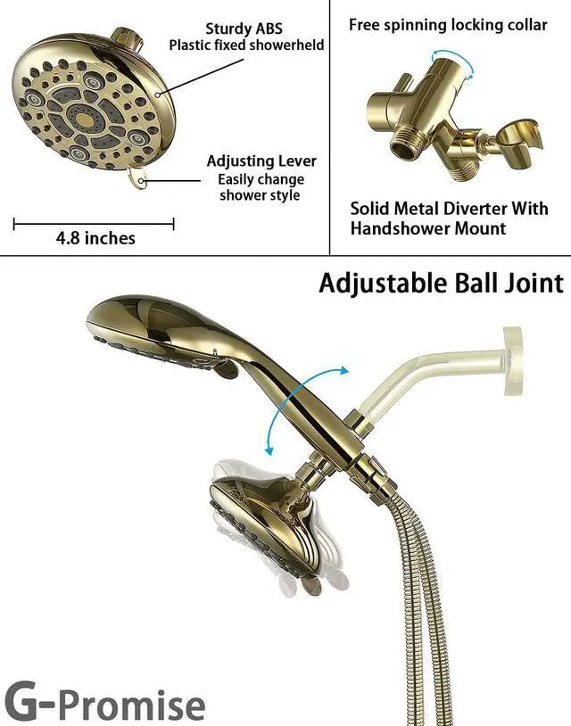 Alt view image 3 of 7 - G-Promise High Pressure Dual Shower Head Combo, 72 Inches Flexible Stainless Steel Hose, 3-Way Solid Brass Diverter Bracket (Polished Brass)