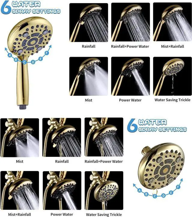 Alt view image 4 of 7 - G-Promise High Pressure Dual Shower Head Combo, 72 Inches Flexible Stainless Steel Hose, 3-Way Solid Brass Diverter Bracket (Polished Brass)