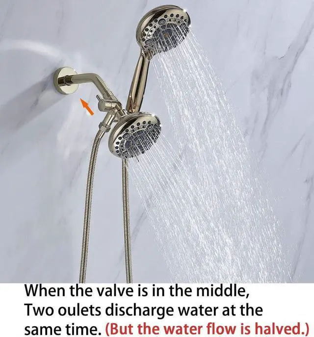 Alt view image 6 of 7 - G-Promise High Pressure Dual Shower Head Combo, 72 Inches Flexible Stainless Steel Hose, 3-Way Solid Brass Diverter Bracket (Polished Brass)