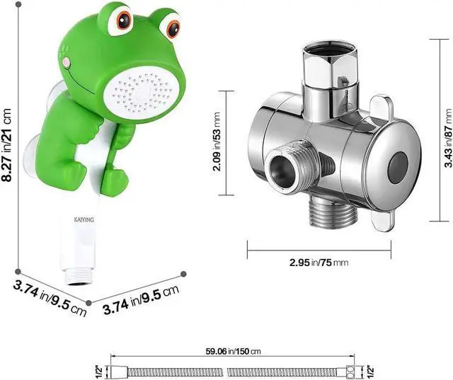 Alt view image 2 of 5 - KAIYING Children's Handheld Shower Head,Cartoon Water Flow Spray Shower Head Baby Kids Toddler Bath Bathing Accessories (J:Showerhead(Froggie)+Hose+Diverter)