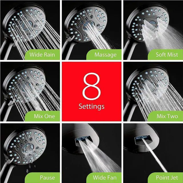 Alt view image 4 of 7 - Hotel Spa AquaCare High Pressure 8-mode Handheld Shower Head - Anti-clog Nozzles, Built-in Power Wash to Clean Tub, Tile & Pets, Extra Long 6 ft. Stainless Steel Hose, Wall & Overhead Brackets