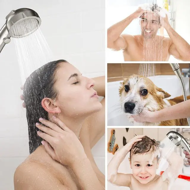 Alt view image 2 of 7 - HANLIAN High Pressure Shower Head with Pause Button, 3 Spray Modes Shower Head for RV Camper, Water Saving On Off Shower, Handheld Shower Head with Hose and Self-adhesive Holder (Brushed Nickel)