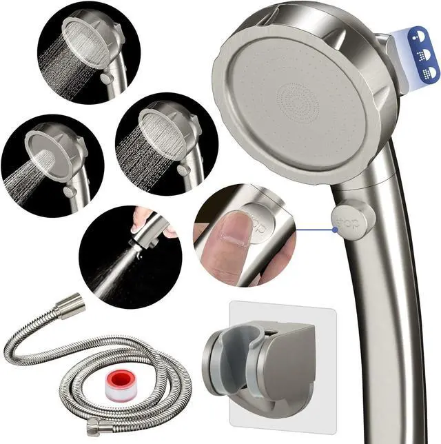 Main image of HANLIAN High Pressure Shower Head with Pause Button, 3 Spray Modes Shower Head for RV Camper, Water Saving On Off Shower, Handheld Shower Head with Hose and Self-adhesive Holder (Brushed Nickel)