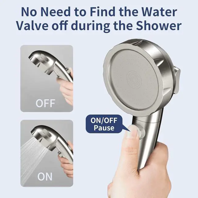 Alt view image 3 of 7 - HANLIAN High Pressure Shower Head with Pause Button, 3 Spray Modes Shower Head for RV Camper, Water Saving On Off Shower, Handheld Shower Head with Hose and Self-adhesive Holder (Brushed Nickel)