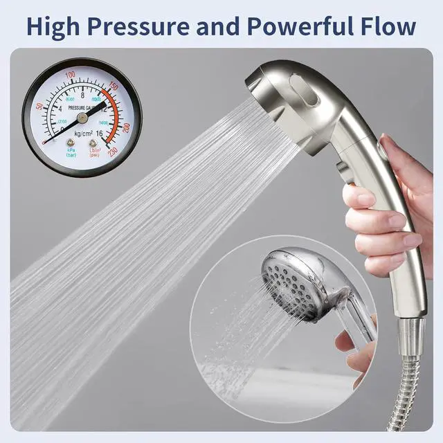 Alt view image 7 of 7 - HANLIAN High Pressure Shower Head with Pause Button, 3 Spray Modes Shower Head for RV Camper, Water Saving On Off Shower, Handheld Shower Head with Hose and Self-adhesive Holder (Brushed Nickel)