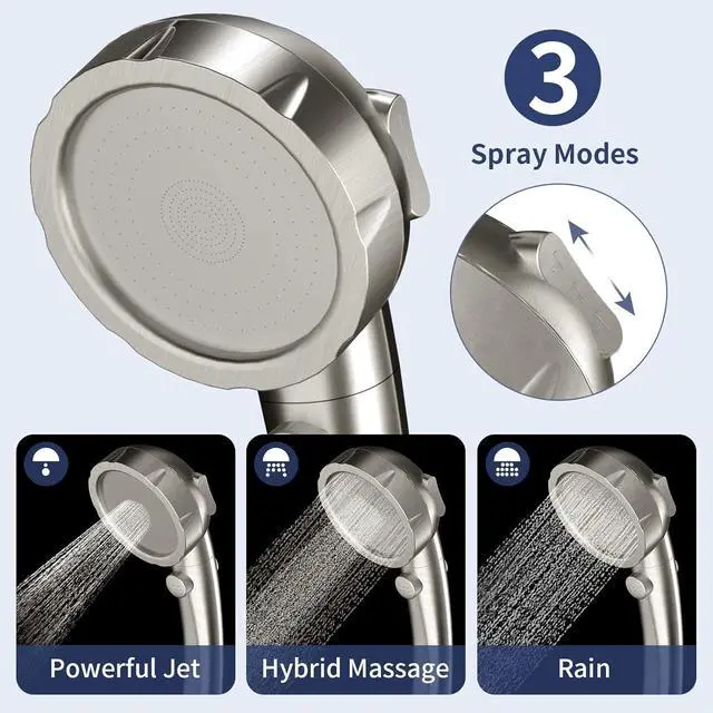 Alt view image 4 of 7 - HANLIAN High Pressure Shower Head with Pause Button, 3 Spray Modes Shower Head for RV Camper, Water Saving On Off Shower, Handheld Shower Head with Hose and Self-adhesive Holder (Brushed Nickel)