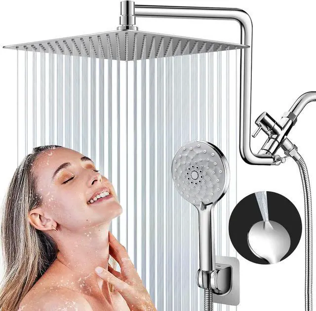 Main image of PinWin Shower Head, Upgraded Dual Rain Shower Head with Adjustable Extension Arm, 6-Setting Handheld Combo, Powerful High-Pressure Spray Against Low Pressure Water (12-Inch Showerhead Set, Chrome)