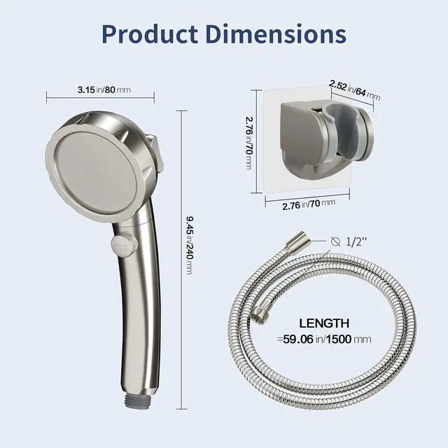 Alt view image 5 of 7 - HANLIAN High Pressure Shower Head with Pause Button, 3 Spray Modes Shower Head for RV Camper, Water Saving On Off Shower, Handheld Shower Head with Hose and Self-adhesive Holder (Brushed Nickel)