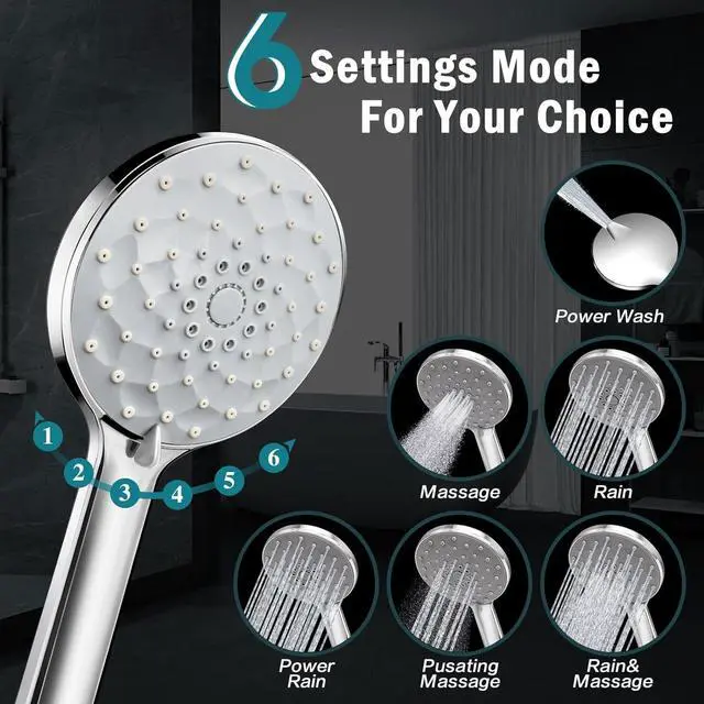 Alt view image 5 of 6 - PinWin Shower Head, Upgraded Dual Rain Shower Head with Adjustable Extension Arm, 6-Setting Handheld Combo, Powerful High-Pressure Spray Against Low Pressure Water (12-Inch Showerhead Set, Chrome)