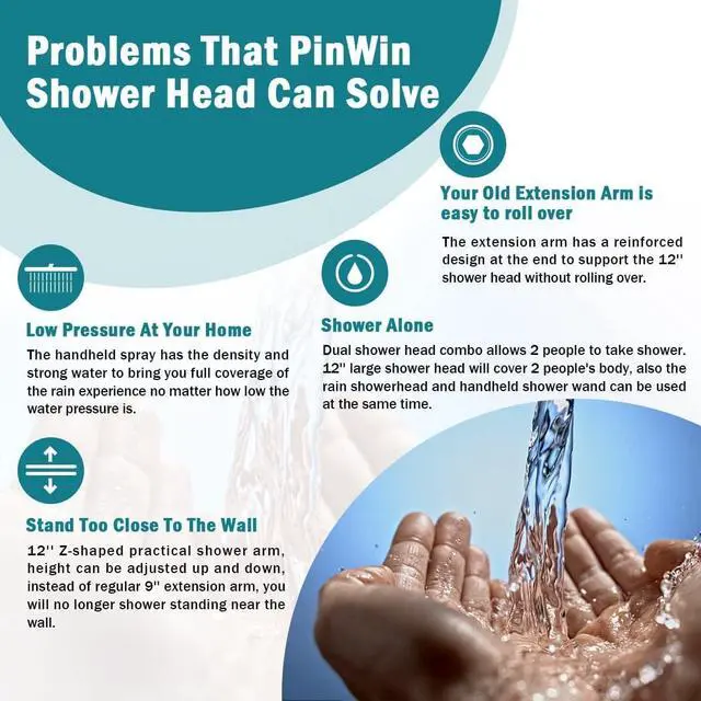 Alt view image 6 of 6 - PinWin Shower Head, Upgraded Dual Rain Shower Head with Adjustable Extension Arm, 6-Setting Handheld Combo, Powerful High-Pressure Spray Against Low Pressure Water (12-Inch Showerhead Set, Chrome)
