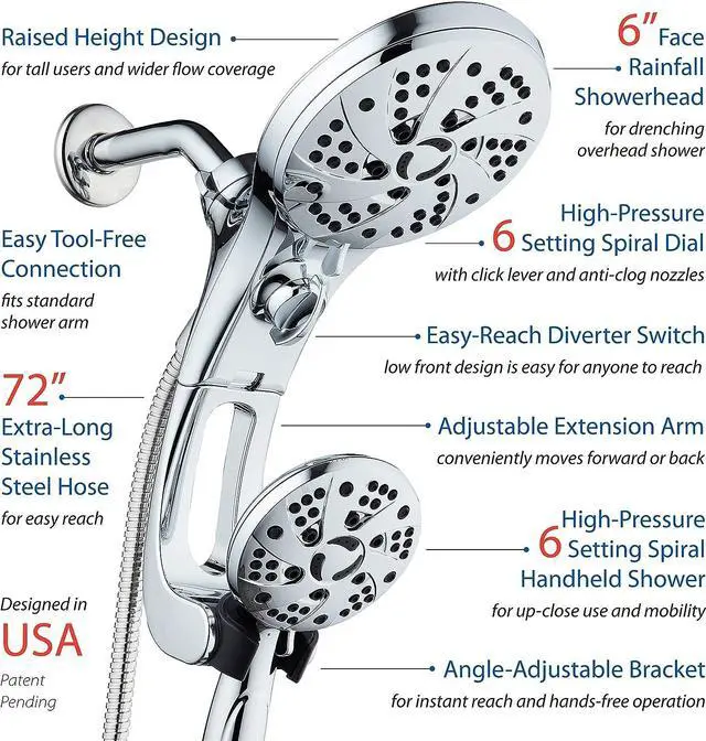 Alt view image 3 of 7 - Dream Spa High Pressure 3-way Rain & Handheld Shower Head Combo with Easy Reach Diverter Switch, Adjustable Extension Arm and Extra Long 72 inch Stainless Steel Hose - All Chrome Finish - Top US Brand