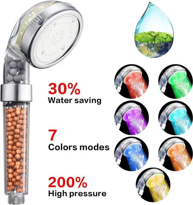 Alt view image 4 of 7 - Nosame® Led Shower Head, Filter Filtration High Pressure Water Saving 7 Colors Automatically No Batteries Needed Spray Handheld Showerheads 1.6 GPM for Dry Skin & Hair