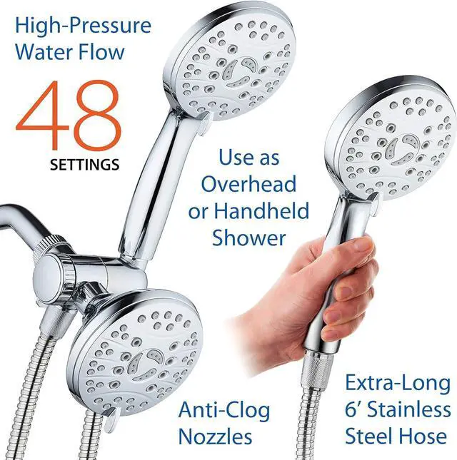 Alt view image 6 of 7 - High Pressure 48-mode Luxury 3-way Combo  Dual Rain & Handheld Shower Head  Extra Long 6 Foot Stainless Steel Hose  Extra Large Face  Anti Clog Jets  All Chrome Finish  Top US Brand