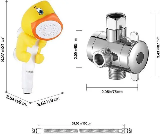 Alt view image 5 of 5 - KAIYING Children's Handheld Shower Head,Cartoon Water Flow Spray Shower Head Baby Kids Toddler Bath Bathing Accessories (I :Showerhead(Duckie)+Hose+Diverter)