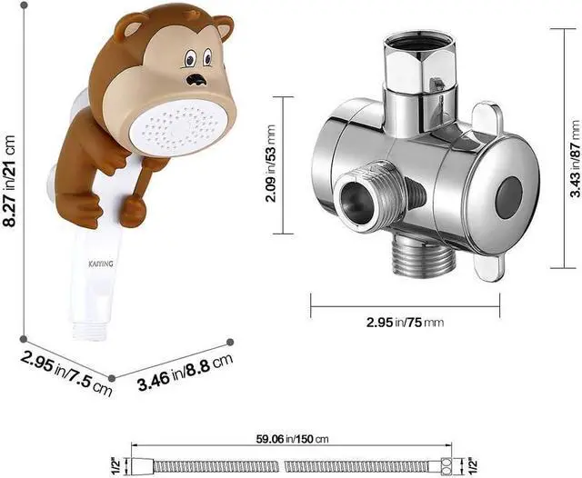 Alt view image 5 of 5 - KAIYING Children's Handheld Shower Head,Cartoon Water Flow Spray Shower Head Baby Kids Toddler Bath Bathing Accessories (L:Showerhead(Monkey)+Hose+Diverter)