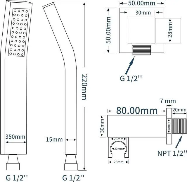 Alt view image 2 of 5 - Shower Head Handheld Combo Set With Long Hose Bathroom Brass High Pressure Square All Metal Rainfall Massager Hand Held Shower Head With Bracket Holder, Chrome