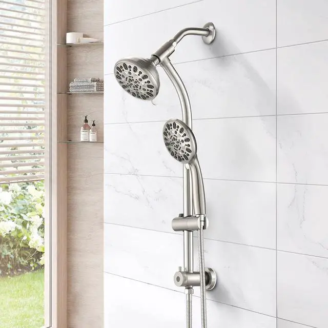 Alt view image 2 of 7 - High Pressure 48-Settings Shower Head with Handheld Shower,Drill-Free 3-Way Diverter for Easy Reach,Adjustable Height Slide Bar Dual Shower Head Combo Set - Brushed Nickel